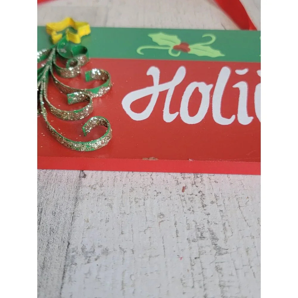 Happy holidays red wall‎ hanging sign Xmas tree star home decor